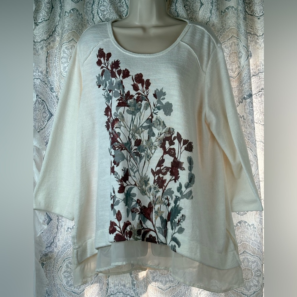 Cato Women's Ivory Burgundy Gray Floral 3/4 Sleeve Tunic Sheer Hem 18/20W